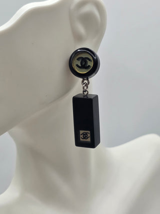 Chanel Black Resin Interlocking CC Drop Earrings