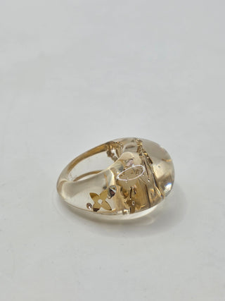 Louis Vuitton Clear Resin Crystal Inclusion LV Charm Ring 5.25