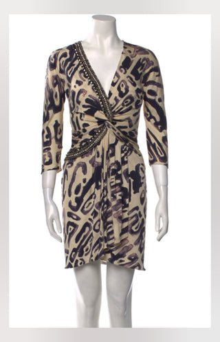 Emilio Pucci Beige Multicolor v-neck Crystal Embellished dress 34 sz