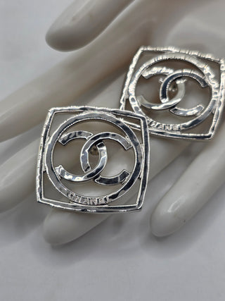 Chanel Silver-tone Interlocking CC Square Stud Earrings