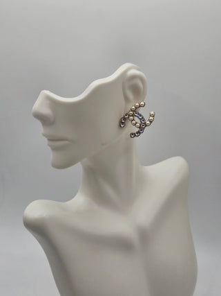 Chanel Gold-tone Faux Pearl Strass Interlocking CC Stud Earrings