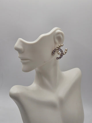 Chanel Gold-tone Faux Pearl Strass Interlocking CC Stud Earrings