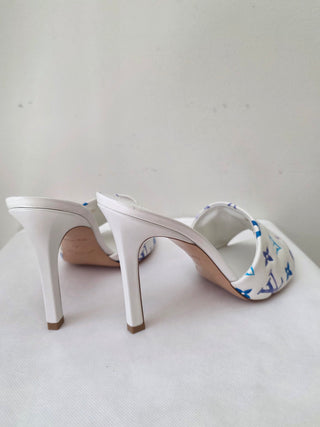 Louis Vuitton White Blue LV Monogram Leather Slides 40 sz