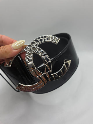 Chanel Black Patent Leather Interlocking CC Logo wide belt M sz