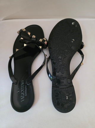 Valentino Black Rockstud Accents Rubber Bow Slides 39 sz