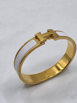 Hermes White Enamel Gold Plated Clic-H Narrow PM Bracelet