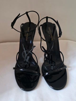 Saint Laurent Opyum Black Patent Leather YSL T-Strap Sandals 39.5 sz