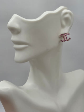 Chanel Silver-tone Pink Strass Interlocking CC Stud Earrings