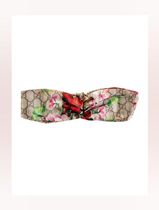 Gucci Beige Multicolor GG Pattern Flora Silk Hairband M sz