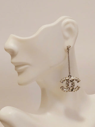 Chanel Silver-tone 2022 Strass Interlocking CC Drop Earrings
