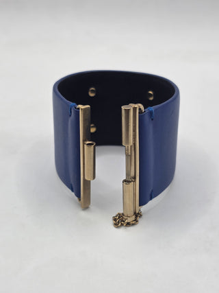 Chanel Blue Leather Interlocking CC Wide Wrap Bracelet M sz