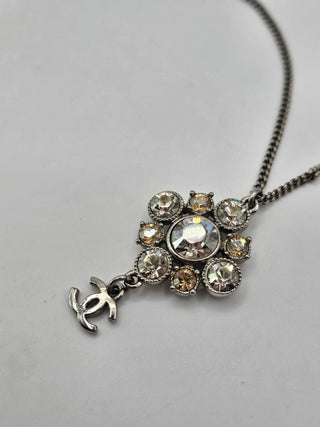 Chanel Silver-tone Strass CC Logo Dangle Pendant Necklace