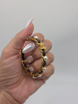 Chanel Gold-tone Faux Pearl Leather Interlocking CC Turnlock Hoop Earrings