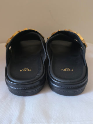 Fendi Black leather Gold-tone logos slides 38.5 sz