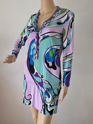 Emilio Pucci Purple Multicolor Signature Print long-sleeved dress 10 sz