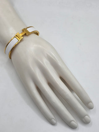 Hermes White Enamel Gold Plated Clic-H Narrow PM Bracelet