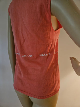 Cute Chanel Coral pink Logo Printed Sleeveless Top M sz