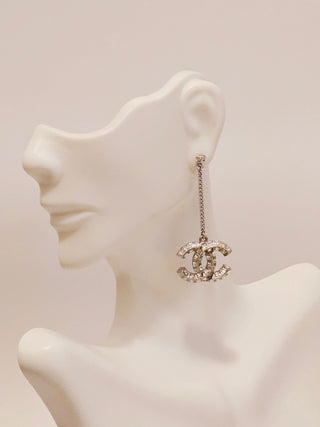 Chanel Silver-tone 2022 Strass Interlocking CC Drop Earrings