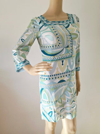 Emilio Pucci White green multicolor signature print long-sleeved summer dress 6 sz
