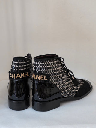 Chanel 2017 Tweed Pattern Logo Embellished Combat Boots 39 sz