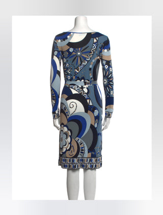 Emilio Pucci Blue Multicolor Printed Knee-Length Dress 6 sz