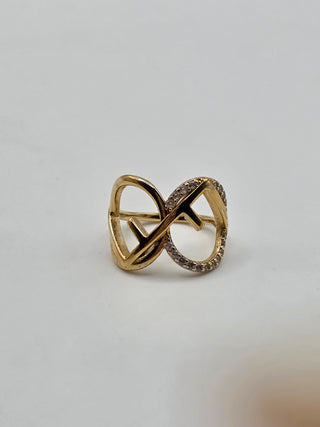 Fendi Gold-tone Crystal Embellished Logo Cocktail Ring M 7 sz