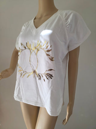 Chanel White Gold-tone CC Logo 2018 Paris-Greece T-Shirt L sz