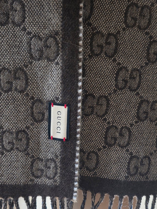 Gucci Blue brown GG Monogram Reversible wool oversized scarf