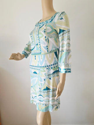 Emilio Pucci White green multicolor signature print long-sleeved summer dress 6 sz