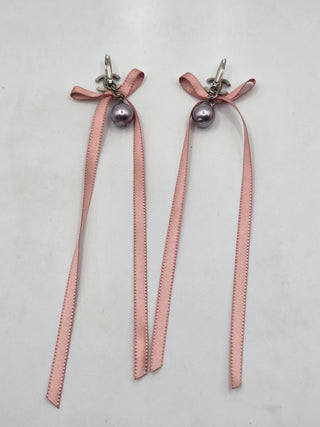 Chanel Silver-tone Faux Pearl Ribbon Bow CC Logo Drop Earrings