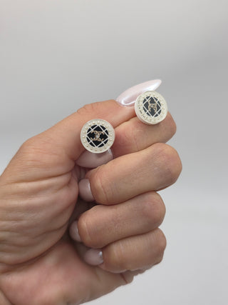 Chanel Silver-tone Resin Faux Pearl Interlocking CC Stud Earrings