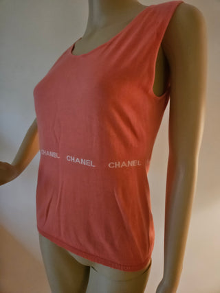 Cute Chanel Coral pink Logo Printed Sleeveless Top M sz