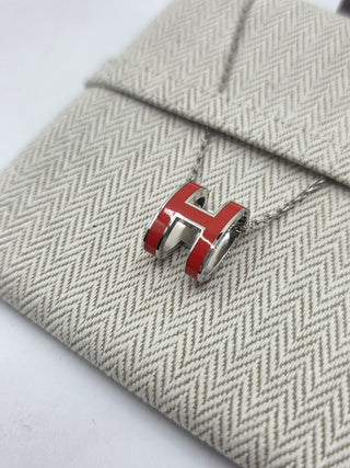 Hermes Red Enamel and Palladium Plated Pop H Pendant Necklace