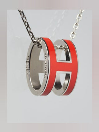 Hermes Red Enamel and Palladium Plated Pop H Pendant Necklace
