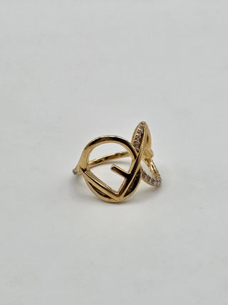 Fendi Gold-tone Crystal Embellished Logo Cocktail Ring M 7 sz
