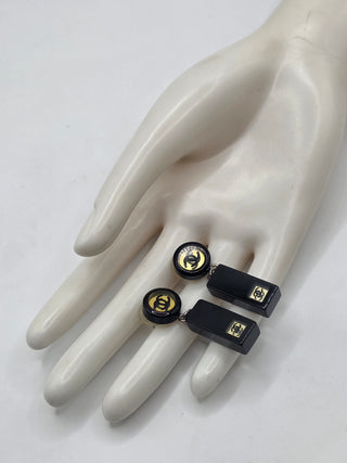 Chanel Black Resin Interlocking CC Drop Earrings