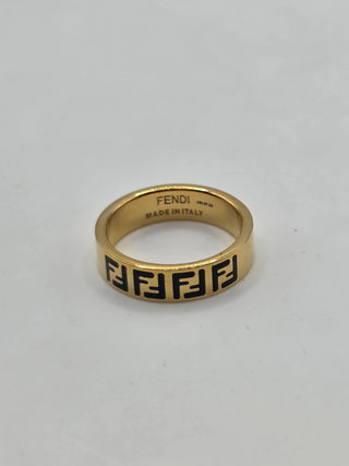 Fendi Gold-tone Enamel FF Logo Band Ring 6 sz