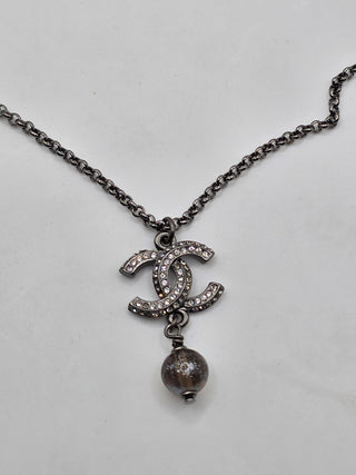 Chanel Silver-tone Faux Pearl Strass Interlocking CC Pendant Necklace