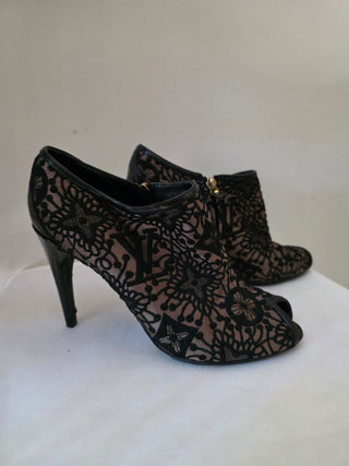 Louis Vuitton Black suede LV Monogram peep-toe booties 38.5 sz