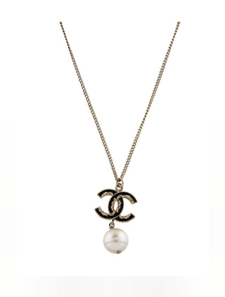 Chanel Faux Pearl Enamel CC Logo Pendant Necklace