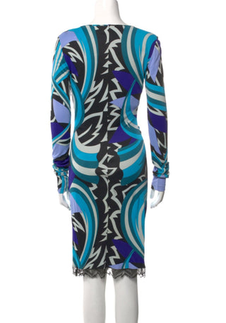 Emilio Pucci Blue Multicolor Signature Print Summer Dress M sz