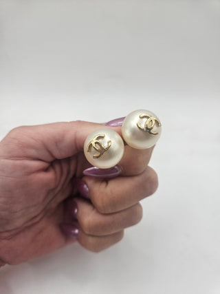 Chanel Golf-tone White Faux Pearl CC Stud Earrings