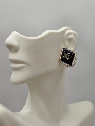 Chanel Gold-tone Blavk Strass Interlocking CC Stud Earrings