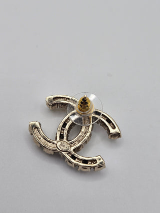 Chanel Gold-tone Faux Pearl Strass Interlocking CC Stud Earrings