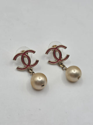 Chanel Gold-tone Faux Pearl Enamel CC Drop Earrings