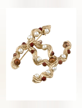 Chanel Gold-tone Faux Pearl Gripoix in CC Logo Brooch