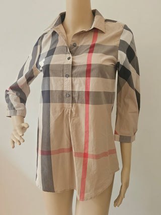 Burberry Brit Plaid Print Three-Quarter Sleeve Button-Up Top XS sz