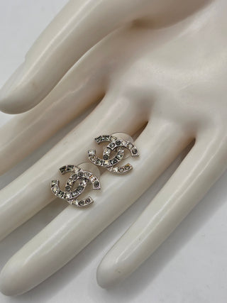 Chanel Silver-tone Strass Interlocking CC Stud Earrings