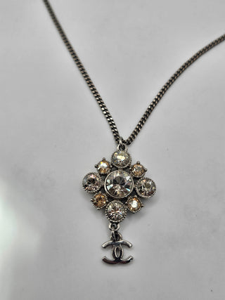 Chanel Silver-tone Strass CC Logo Dangle Pendant Necklace