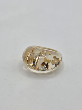 Louis Vuitton Clear Resin Crystal Inclusion LV Charm Ring 5.25